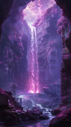 an image of a waterfall in the middle of a cave with purple light coming from it