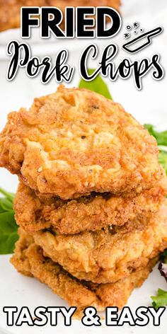 fried pork chops are stacked on top of each other