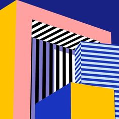 an abstract painting with blue, yellow and pink stripes on the bottom half of it