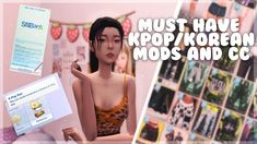 a woman in a bathing suit standing next to a wall with pictures on it and the words must have kpop / korean mods and c