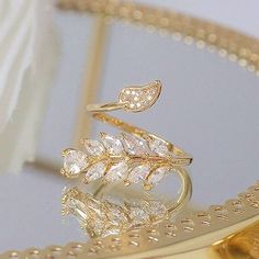 "18k Gold Plated Lovely Leaf Design Open Wedding Ring, Fb16fa1068 Size: Adjustable Metal: 18k Gold Plated Stone: Cubic Zirconia Best Quality Gift For Women, Christmas, Birthday, Vacation, Mother's Day, Valentine's Day, Wedding, Engagement , Bridal, Promise, Anniversary, Party Thank You For Visitng!" Leave Ring, Rose Gold Flower Ring, Olive Leaf Ring, Ring Wrap, Gold Leaf Rings, Gold Flower Ring, Daily Jewelry, Trendy Ring, Leaf Ring