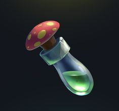 an image of a mushroom in a glass bottle with liquid coming out of the top