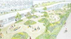 an artist's rendering of a public park with people walking and riding bikes