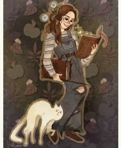 a painting of a woman holding a book next to a cat