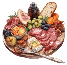 a painting of meats, bread and olives on a wooden platter