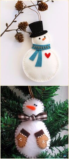 two christmas ornaments hanging from a tree with pine cones in the background and snowman ornament on top