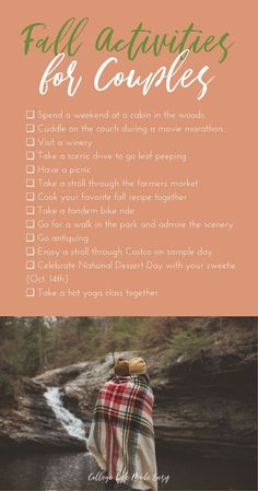 a woman standing in front of a waterfall with the words fall activities for couples on it