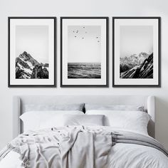 three black and white pictures hanging on the wall above a bed