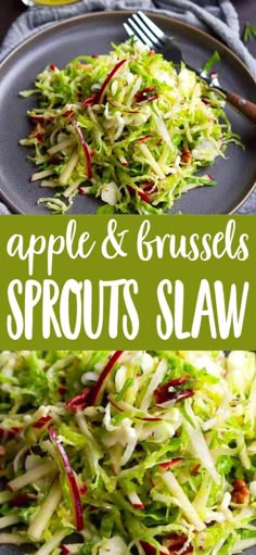 an apple and brussels sprouts slaw salad on a plate