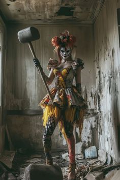 a woman dressed as a clown holding an ax