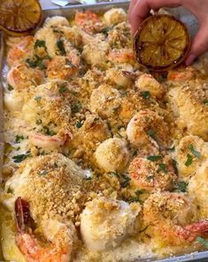 seafood on Instagram: "Garlic Butter Seafood Bake🧄🦐🐟🦑🧈🍽️
📽️ & recipe by @vessys_gourmet_kitchen

Follow @seafoodishh for more🦀🐙🦞

Ingredients:
1 lbs Cod
1 lbs Jumbo Shrimp
1/2 lbs Scallops
1 stick (1/4 cup) butter, salted
2 garlic cloves
1 tsp salt
1/2 cup white wine
1/2 cup heavy whipping cream
The zest of 1/2 lemon
Black pepper, to taste
Charred lemon, for serving
Parsley

Crunchy Cracker Topping:
4 oz @ backtonature round crackers
2 tbs butter, melted
1/2 cup Parmigiano Reggiano

Method:
1. Preheat oven at 400 F;
2. Over medium heat melt butter and sauté garlic until fragrant; add wine and cook half way down; season with salt and pepper and lemon zest; turn heat on and add cream;
3. Pour the sauce over your clean seafood and make sure it’s well coated; bake for about 12 minute Scallops And Shrimp, Charred Lemon, Wine Butter Sauce, Parmesan Crackers, Seafood Dish Recipes, Wine Butter, Seafood Bake, Delicious Seafood Recipes