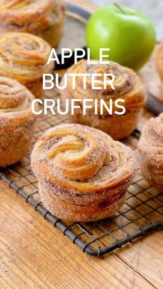 apple butter crufffins on a cooling rack with apples in the background and text overlay