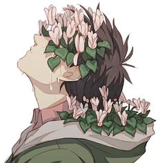 an anime character with flowers in his hair