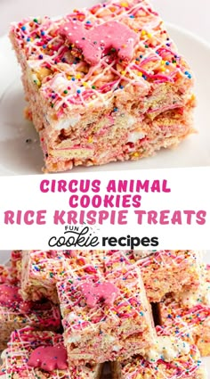 some kind of cake with sprinkles on it and the words circus animal cookies rice krispies treats