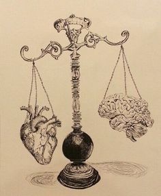 a drawing of two human heart and brain on a balance scale with one being balanced