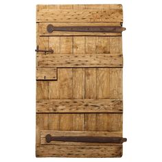 an old wooden door with metal handles on the front and side panels, isolated against a white background