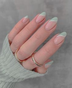 Light Green and White Line Nails Press on Nails Fake Nails Glue on Mani Ideas, Unghie Sfumate, Graduation Nails, Cute Simple Nails, Aesthetic Nails, Simple Gel Nails, Lines On Nails, Classy Acrylic Nails, Soft Nails