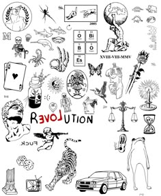 an image of the word revolution surrounded by various icons and symbols in black and white