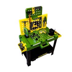 a green and yellow work bench with tools on it