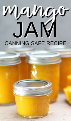 canning jars full of mango jam. Canning Recipes For Mangos, Mango Jam With Pectin, Mango Canning Recipes, Canning Mangos, Mango Jam Recipe Homemade, Peach Mango Jam, Canning Mango, Mango Preserves, Mango Jam Recipe