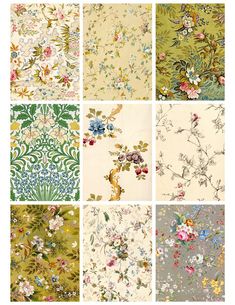 six floral wallpapers in different colors and sizes, each with flowers on them