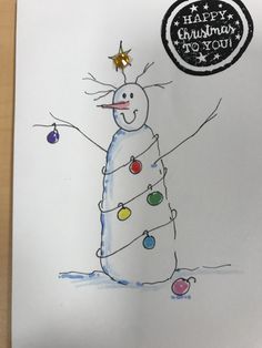 a drawing of a snowman holding a christmas tree