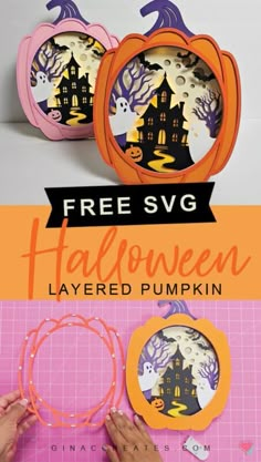 the free svg halloween layered pumpkin cutout is shown with text that reads, free svg halloween layered pumpkin layered pumpkin