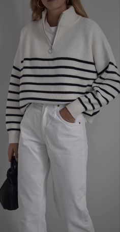 White Striped Sweater, Aesthetic Inspiration, Casual Stripes, Style Mistakes, Outfit Inspo Fall, Fashion Aesthetic, Mode Inspiration, White Pants