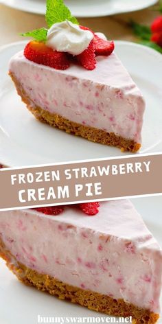 two slices of frozen strawberry cream pie on white plates