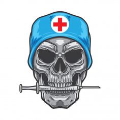 a skull with a red cross on it's head and a wrench in its mouth