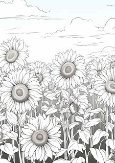 a drawing of sunflowers in a field with clouds and sky behind them, black and white