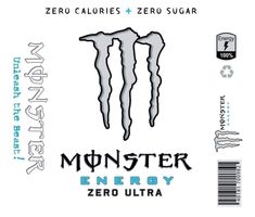 the back side of a sticker for monster energy zero ultra, which is printed in black and white