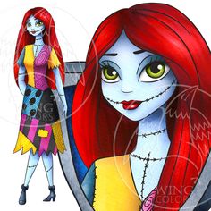 a drawing of a girl with long red hair and green eyes standing next to a doll