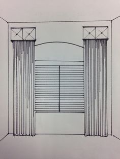 a drawing of an open window with curtains