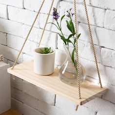 Wooden Rope Swing Wall-Mounted Shelf - Sage & Sill Outdoor Plant Shelves, Hygge Home Office, Plants Room Aesthetic, Plant Based Aesthetic, Aesthetic Plant Wallpaper, Plant Shelves Outdoor, Hanging Rope Shelves, Wooden Wall Shelves, Rope Shelves