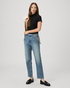 Meet Sawyer, our new vintage-inspired high-rise straight leg silhouette with an ankle length inseam. This pair is cut from our bestselling PAIGE VINTAGE denim in a tinted vintage-inspired light wash with subtle lived-in details, silver polished hardware, and a raw hem. PAIGE VINTAGE takes all of the work out of breaking in your favorite pair of vintage jeans. We've combined the comfort of stretch with everything you love about authentic vintage denim to create super soft jeans that feel perfectl Soft Jeans, Breaking In, Denim Clothing, Men Store, Denim Shoes, Bottom Clothes, Vintage Jeans, Covered Buttons, New Vintage