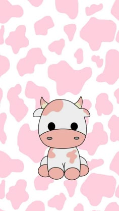 a cow sitting on top of a pink and white wallpaper with hearts in the background