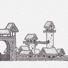 an ink drawing of a castle and bridge