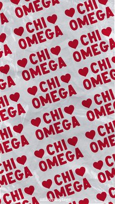 red and white stickers with the words omega written in large heart shapes