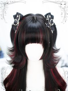 Get noticed with our striking black and red highlight long synthetic wig! This vibrant wig features a bold color combination that is sure to turn heads. Made with high-quality synthetic fibers, this wig is easy to style and maintain. Perfect for cosplay, themed parties, or adding a pop of color to your everyday look.  Please note that this product includes the wig only.  Garment Size   	 		 			Size 			Free Size 		 		 			Hair Length 			60-65 Black And Red Cosplay Wig, Vampire Female Wig, Goth Wigs Black, Kanae Kocho Hair Clip, Alternative Hair Wigs, Red With Black Hair, Red And Black Wig, Lengths Of Hair, Cool Hair Designs