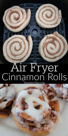 an air fryer with cinnamon rolls on it and the words, air fryer cinnamon rolls