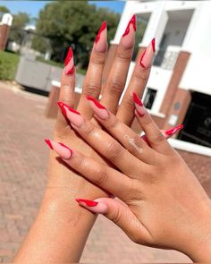 Red Nails Accent Nail, Cute Pink And Red Nails, Candy Apple Red Nails Design, Red Design Nails Acrylic, Classy Red Nails Design, Red Nail Styles, Nude And Red Acrylic Nails, Nail Inspo Extra, Nails With Red Design