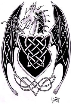 a drawing of a dragon with celtic designs on it's chest and wings, in the shape of a heart