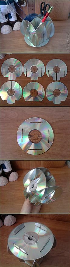 four different views of various cd's being cut into individual sized discs and placed on top of each other