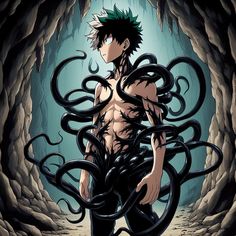 an anime character standing in front of a cave with tentacles around his body and head