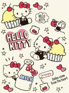 an image of hello kitty with cupcakes and stars on the back of it