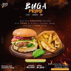 a flyer for a burger and fries event