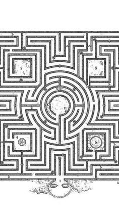 a black and white image of a maze in the shape of a circle with two faces