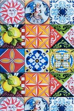 an artistic tile design with many different colors and designs on the tiles, including oranges, yellows, blue, and green