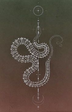 an artistic drawing of a snake on the side of a building with lights coming from it